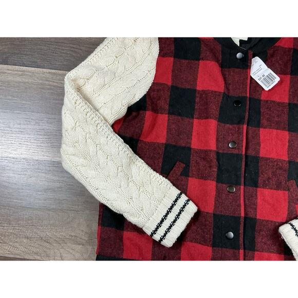 NWT Forever 21 Women Bomber Jacket Plaid Red Black Knit Sweater Sleeve Preppy L - Picture 6 of 8